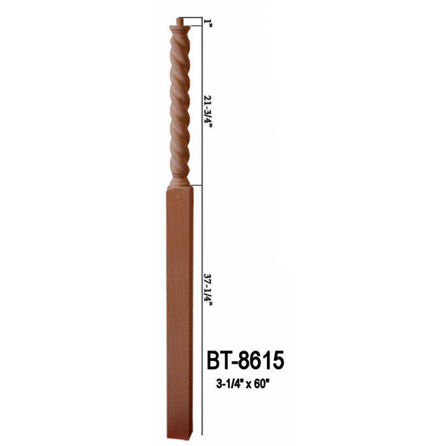 BT-8615 60" Barley Rope Twist Pin Top Newel Post