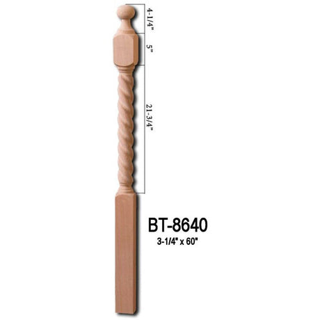 BT-8640 48" Barley Rope Twist Ball Top Newel Post