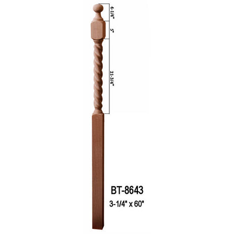 BT-8643 60" Barley Rope Twist Ball Top Newel Post
