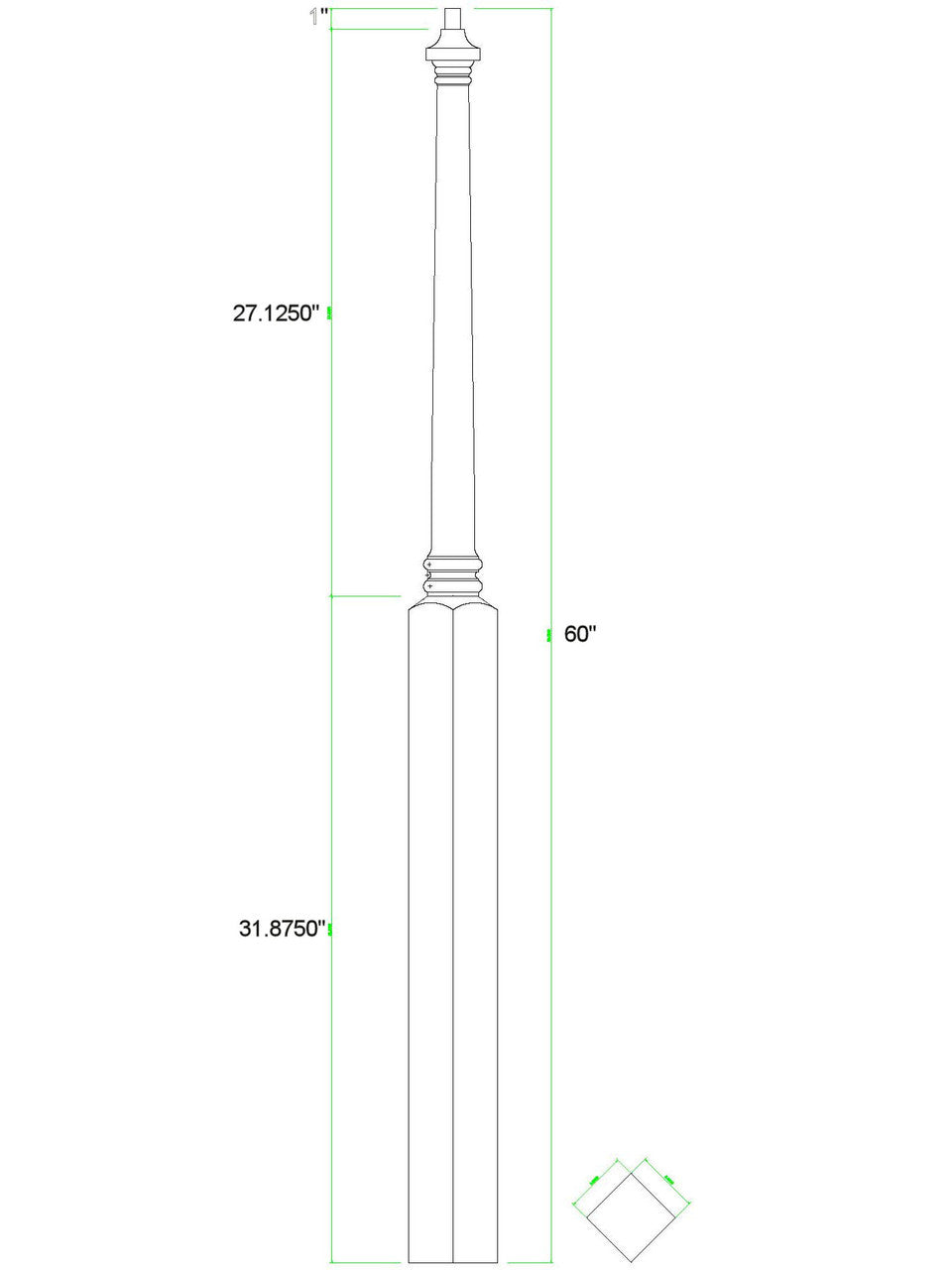 C-4035 60" Colonial Pin Top Starting Newel Post (CADD)