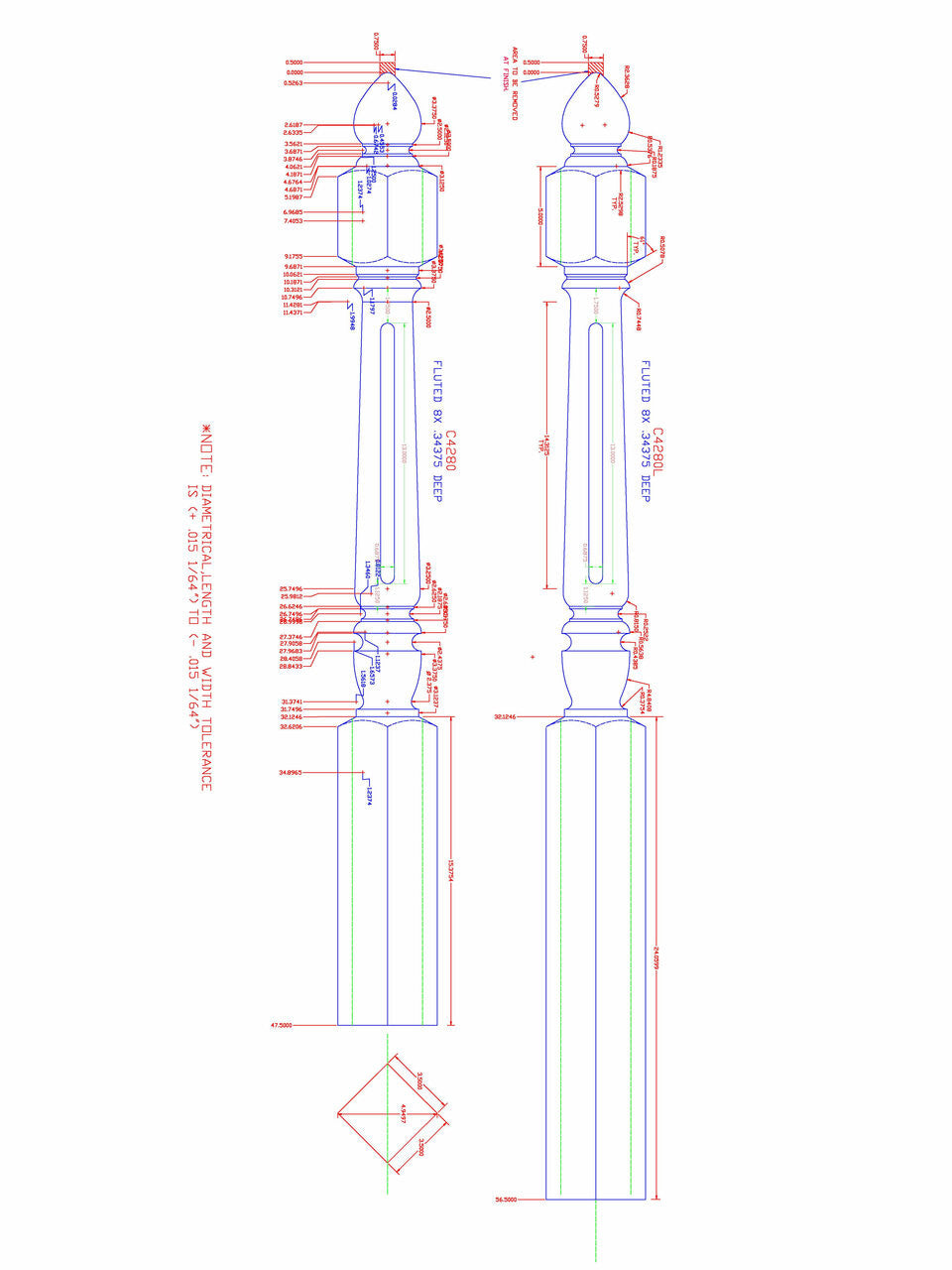 C-4280 48" Fluted Starting Ball Top Spade Top Newel Post (CADD)