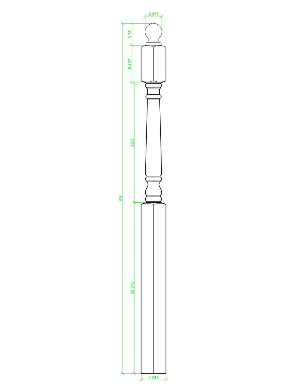  C-4548 60" Colonial Traditional Angle / Landing Newel Post, Mushroom Top CADD