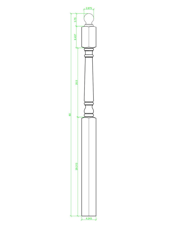  C-4548 60" Colonial Traditional Angle / Landing Newel Post, Mushroom Top CADD