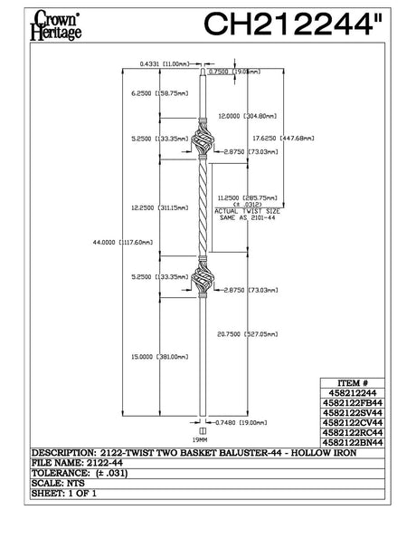 2122 19mm Double Basket Large Hollow Baluster, CADD DRAWING