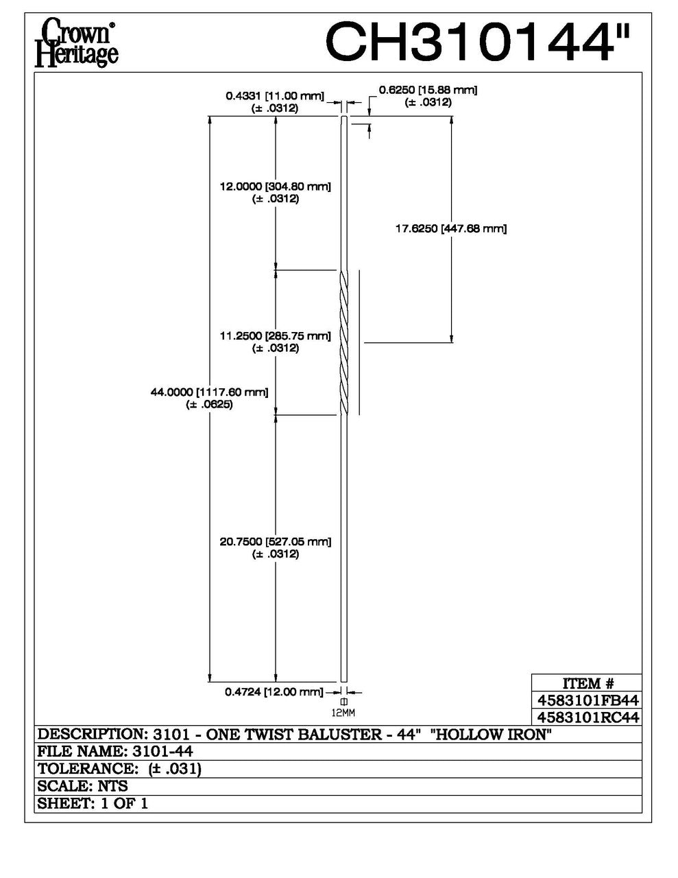 3101-44 44" Tubular Steel Single Twist Baluster, CADD DRAWING