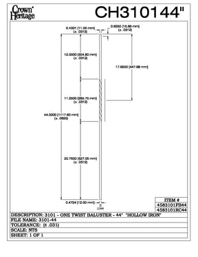 3101-44 44" Tubular Steel Single Twist Baluster, CADD DRAWING