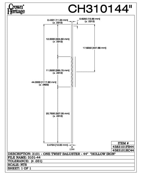 3101-44 44" Tubular Steel Single Twist Baluster, CADD DRAWING