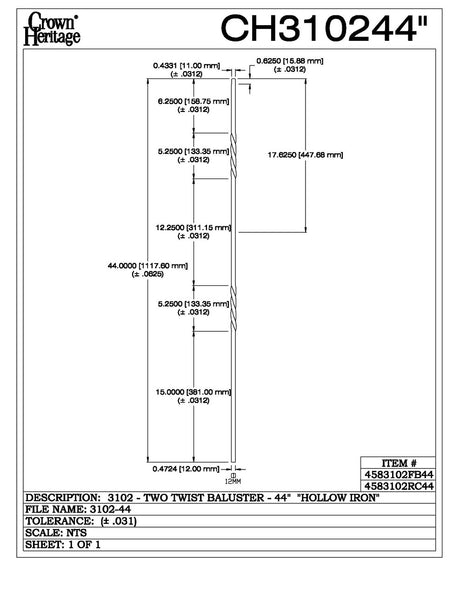 3102-44 44" Tubular Steel Double Twist Baluster, CADD DRAWING
