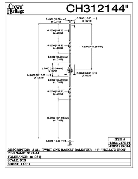 3121-44 44" Tubular Steel Single Basket Knee Wall Baluster, CADD DRAWING