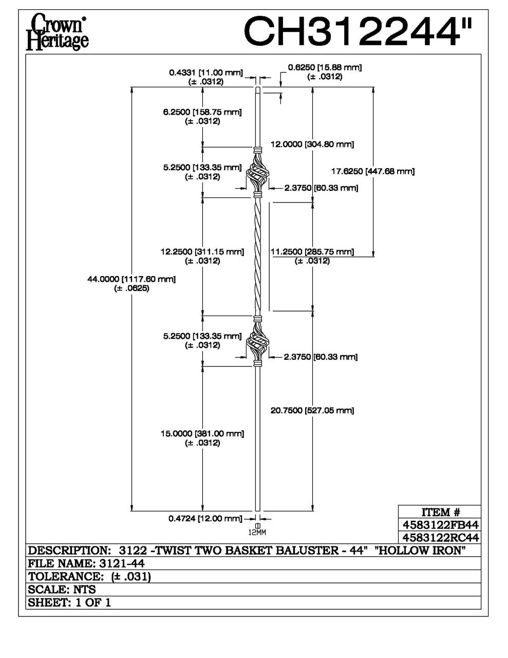 3122-44 44" Tubular Steel Double Basket Knee Wall Baluster, CADD DRAWING