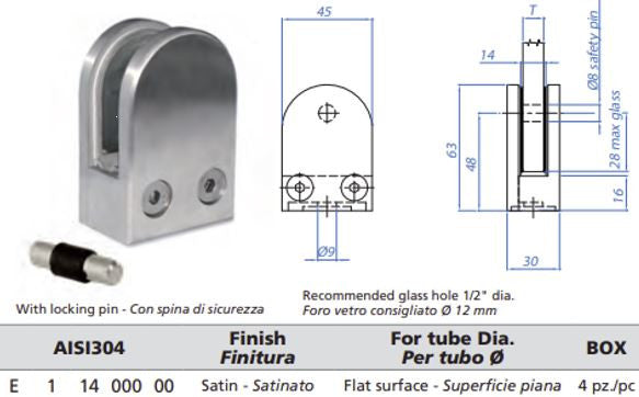 E21400000 316 Stainless Steel Glass Clamp 1 3/4" x 2 31/64" for Flat surface