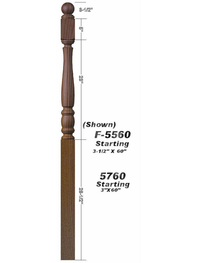F-5760 Fluted Utah Classic Ball Top Starting Newel Post Dimensional Information