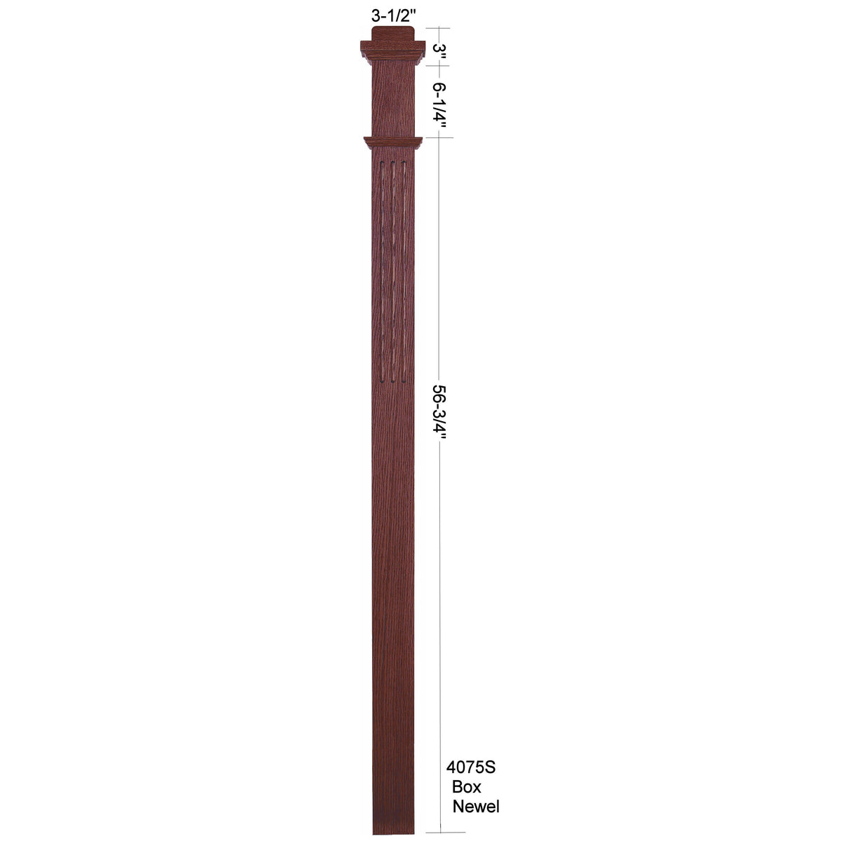 F-4075 3-1/2"x 3-1/2" Fluted Box Newel Post, Dimensional Information