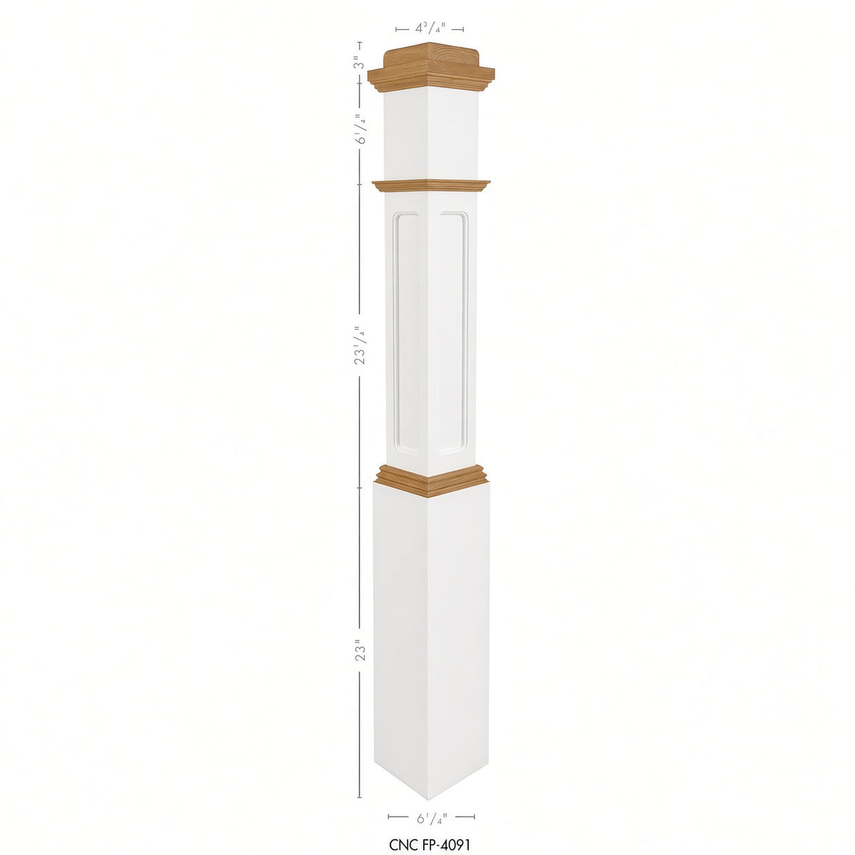 FP-4091-PSST CNC Flat Panel Box Newel Post, Primed with Special Species Trim, Dimensional Information