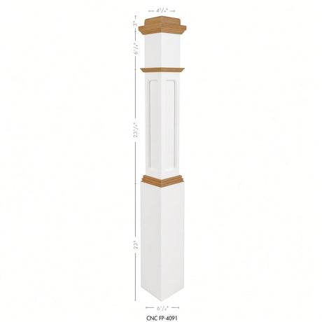 FP-4091-PSST CNC Flat Panel Box Newel Post, Primed with Special Species Trim, Dimensional Information