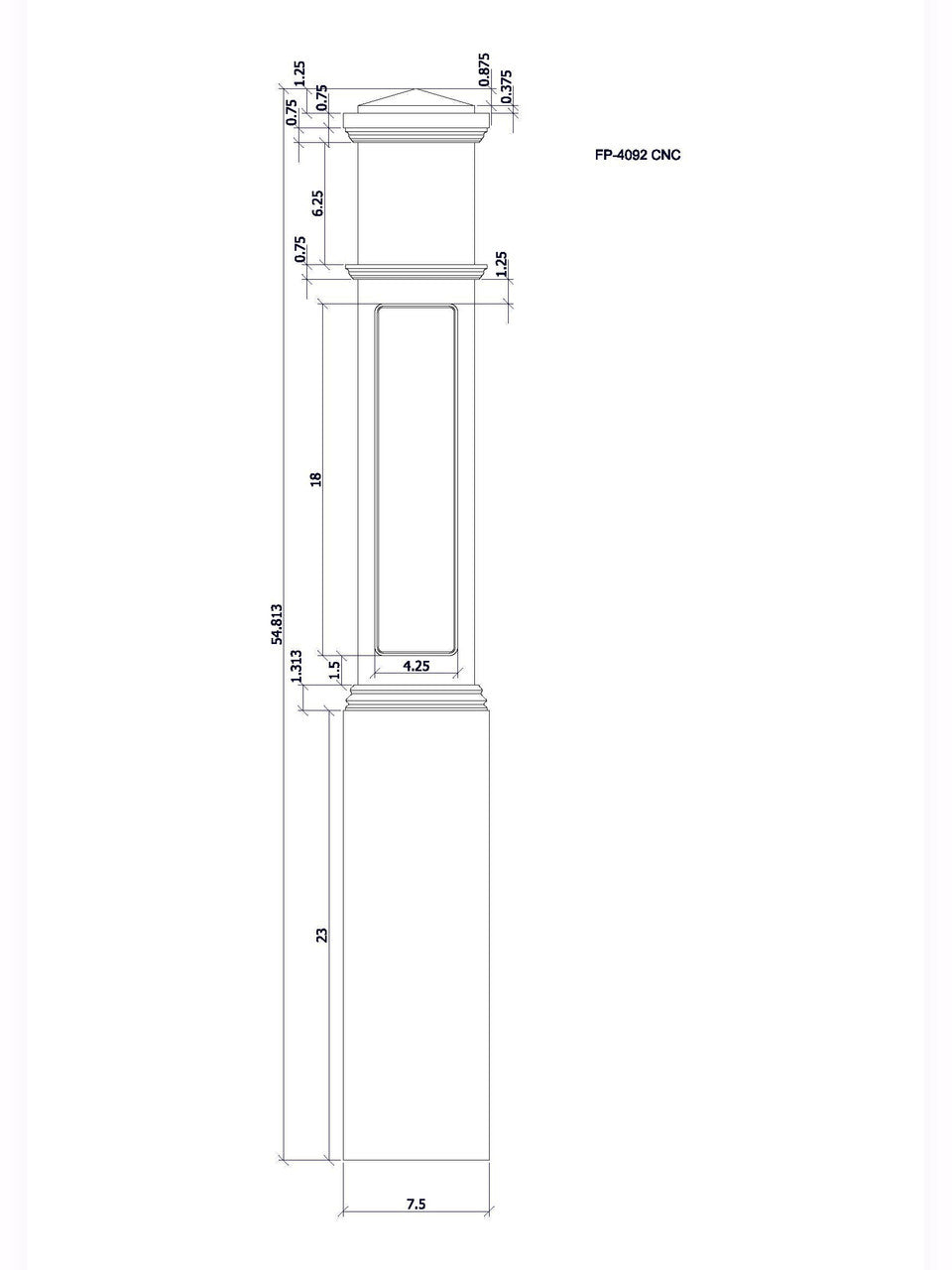 FP-4092 CNC Flat Panel Box Newel Post, CADD Image