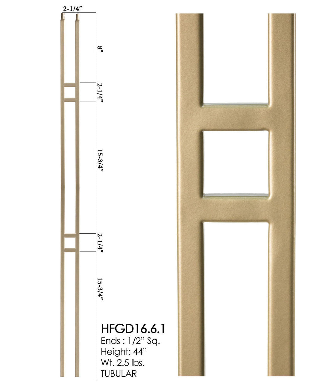 HF16.6.3 Rectangle Tubular Steel Baluster, Dorado Gold 
