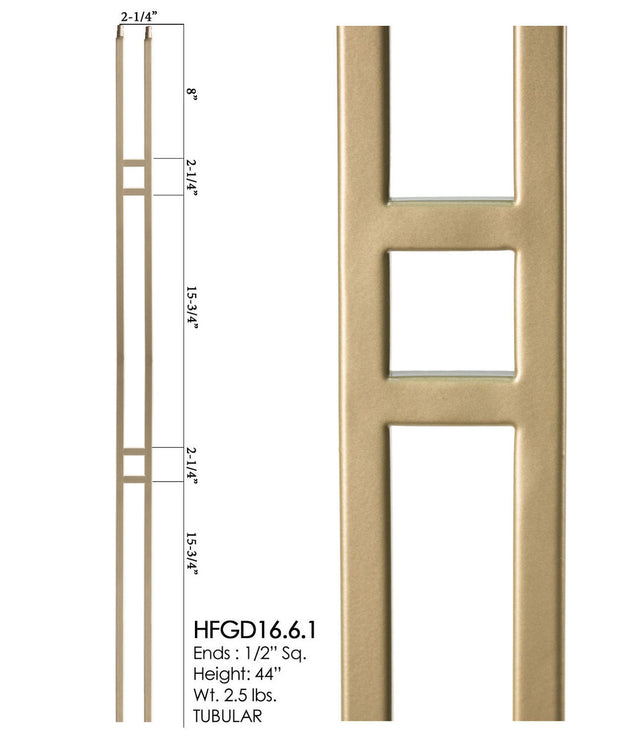 HF16.6.3 Rectangle Tubular Steel Baluster, Dorado Gold 