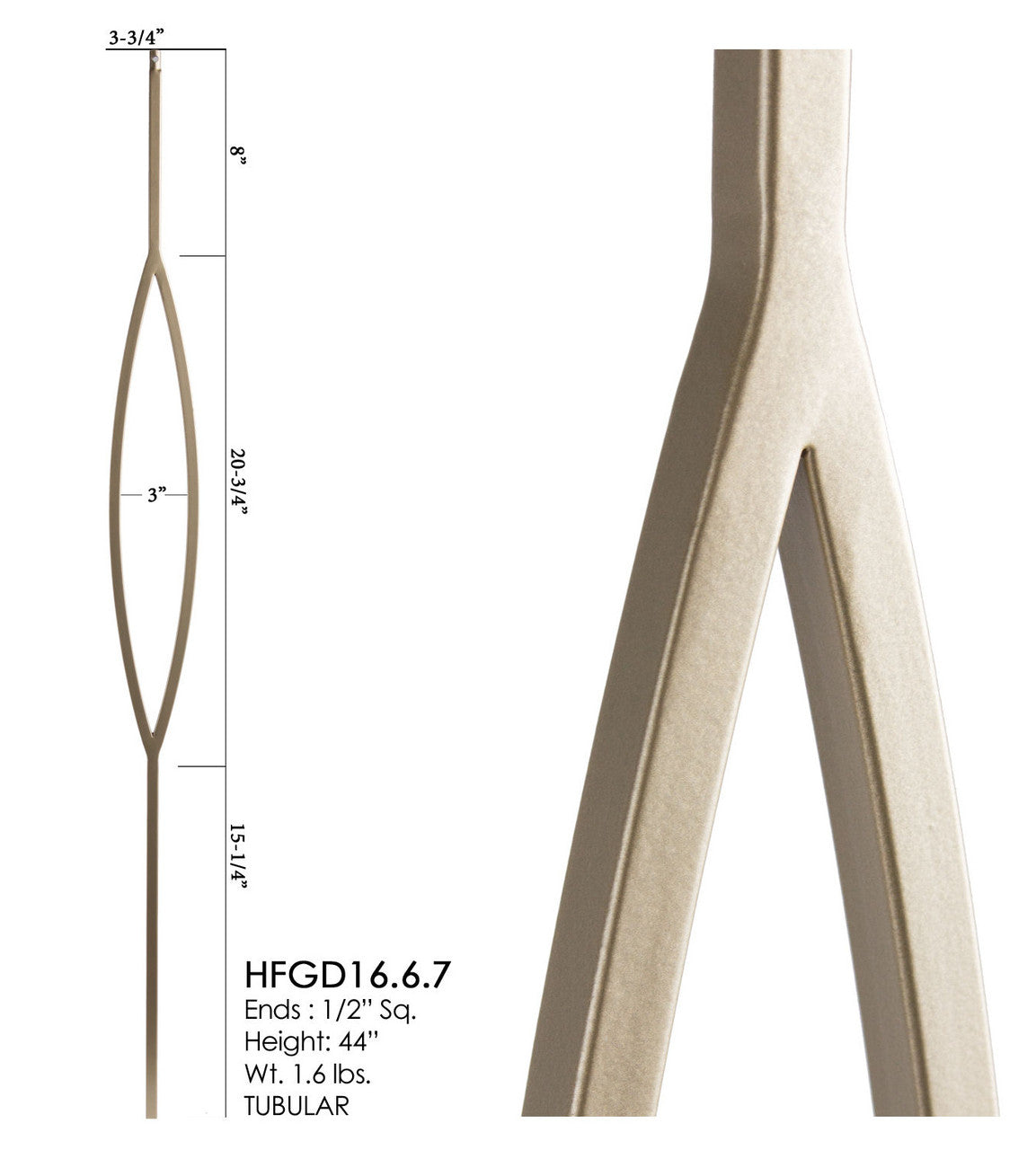 HF16.6.7 Oval Tubular Steel Baluster, Dorado Gold