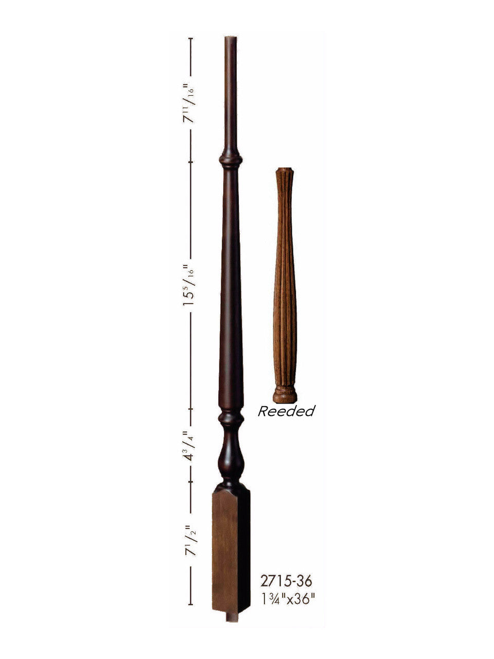 R-2715 36" Reeded Ohio Regency Stairways Baluster, Dimensions