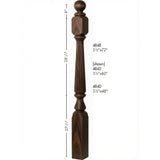 R-4840 (48"), R-4842 (60"), or R-4848 (72") Ohio Reeded Newel Post, Dimensional Information