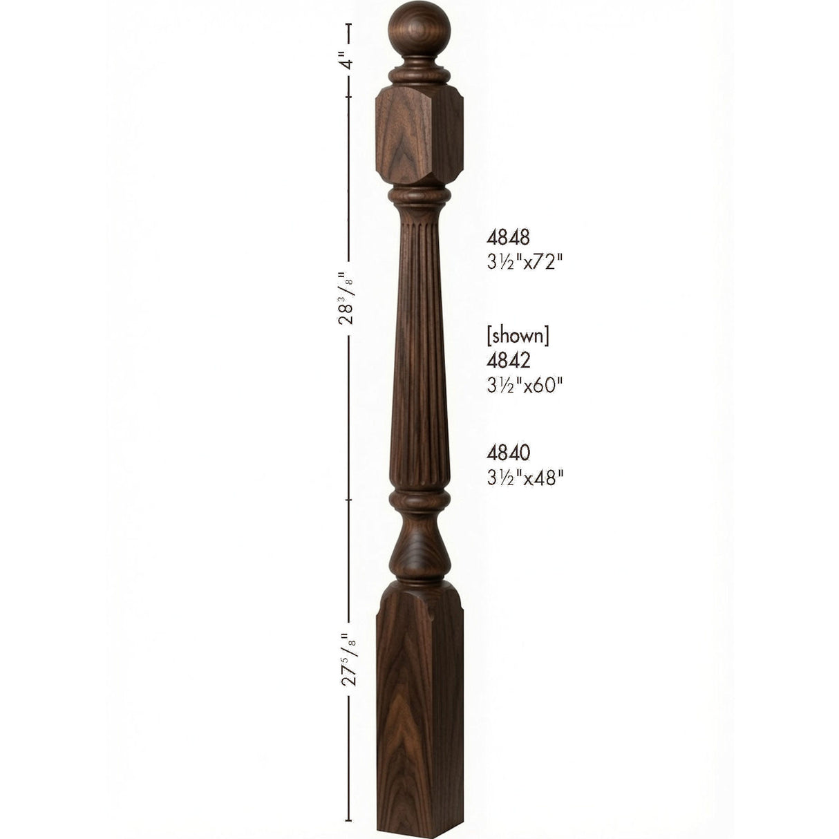 F-4840 (48"), F-4842 (60"), or F-4848 (72") Ohio Ball Top Newel Post, Dimensional Information