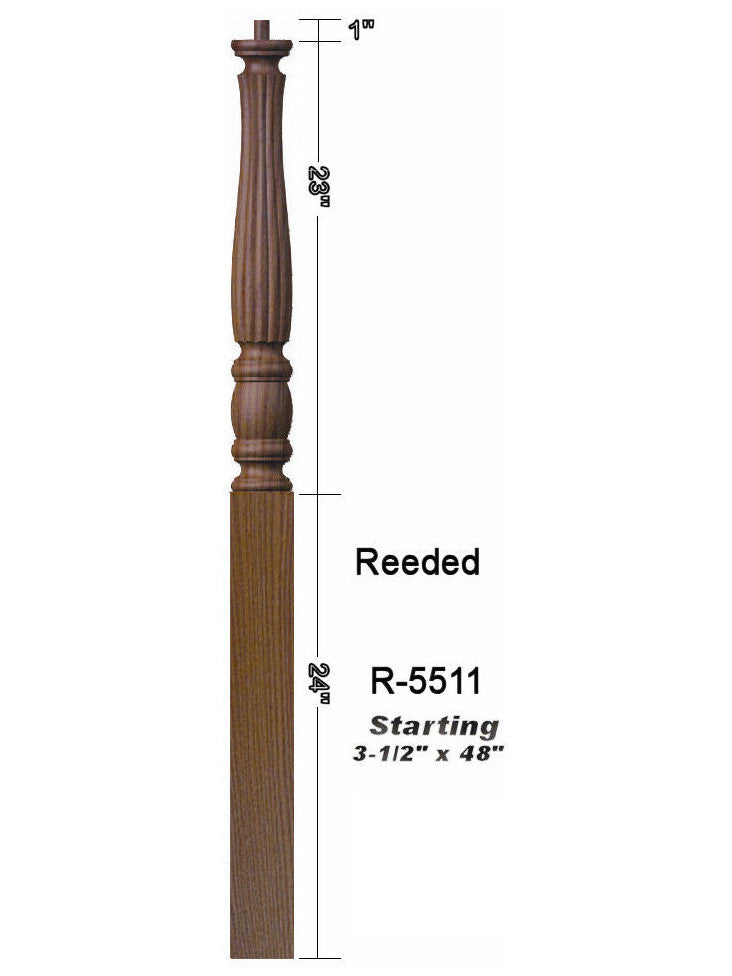 R-5511 Reeded 48" Pin Top Starting Newel Post Dimensional Information