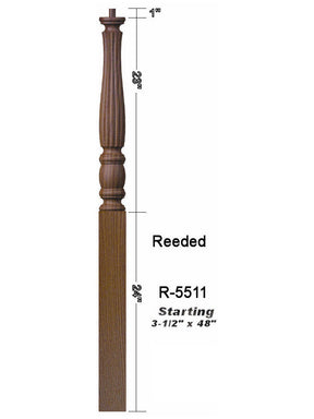 R-5511 Reeded 48" Pin Top Starting Newel Post Dimensional Information