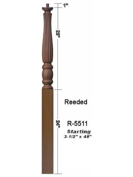 R-5511 Reeded 48" Pin Top Starting Newel Post Dimensional Information