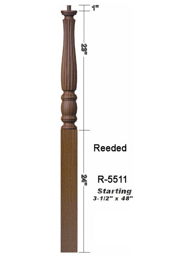 R-5511 Reeded 48" Pin Top Starting Newel Post Dimensional Information