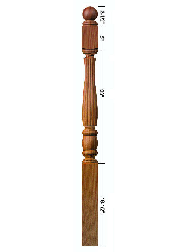R-5548 Reeded Ball Top Starting Newel Post Dimensional Information