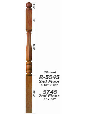 R-5545 Reeded 2nd Floor Utah Classic Newel Post Dimensional Information