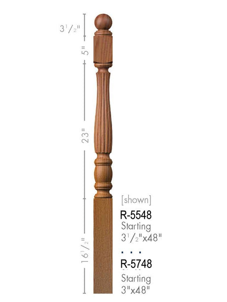 R-5748 Reeded Utah Classic Ball Top Starting Newel Post Dimension Information