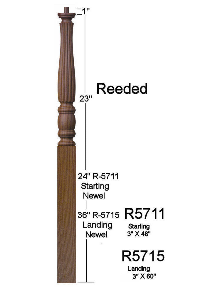 R-5711 48" Pin Top Reeded Utah Classic Starting Newel Post Dimensional Information