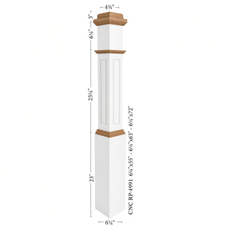 RP-4091 6-1/4" Base CNC Raised Panel Box Newel Post, Primed with Special Species Trim Dimensional Information