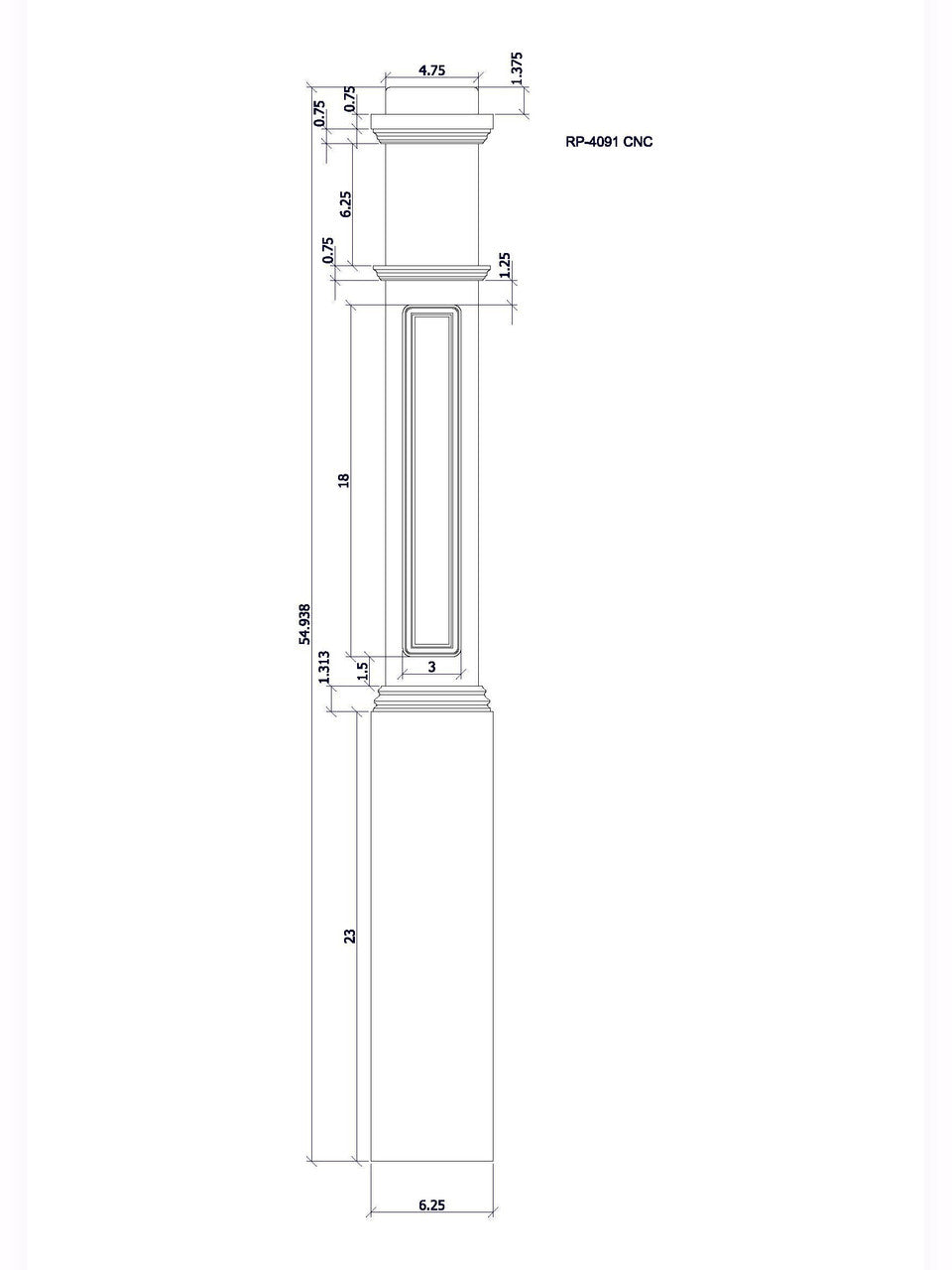 RP-4091 CNC Raised Panel Box Newel Post, CADD Image