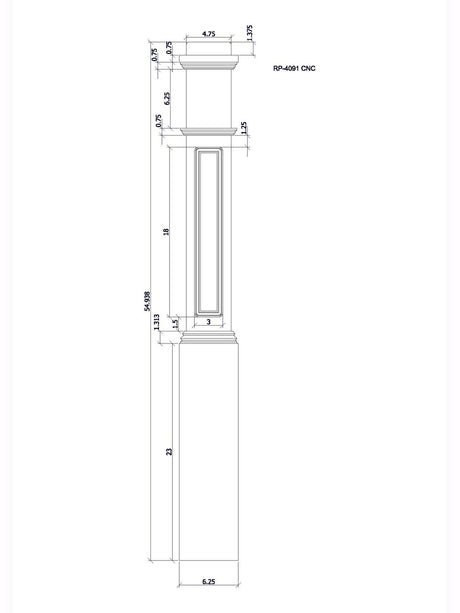 RP-4091 CNC Raised Panel Box Newel Post, CADD Image