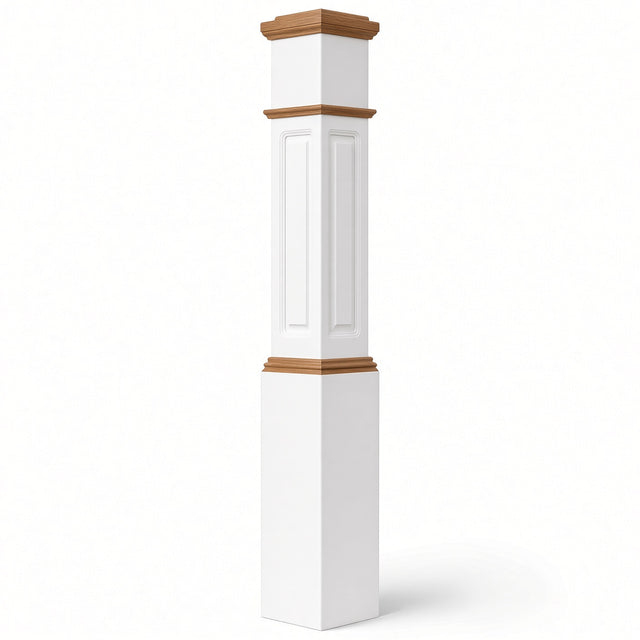 RP-4092 CNC Raised Panel Large Box Newel Post, Primed with Special Species Trim, 7-1/2" base x 55" Tall