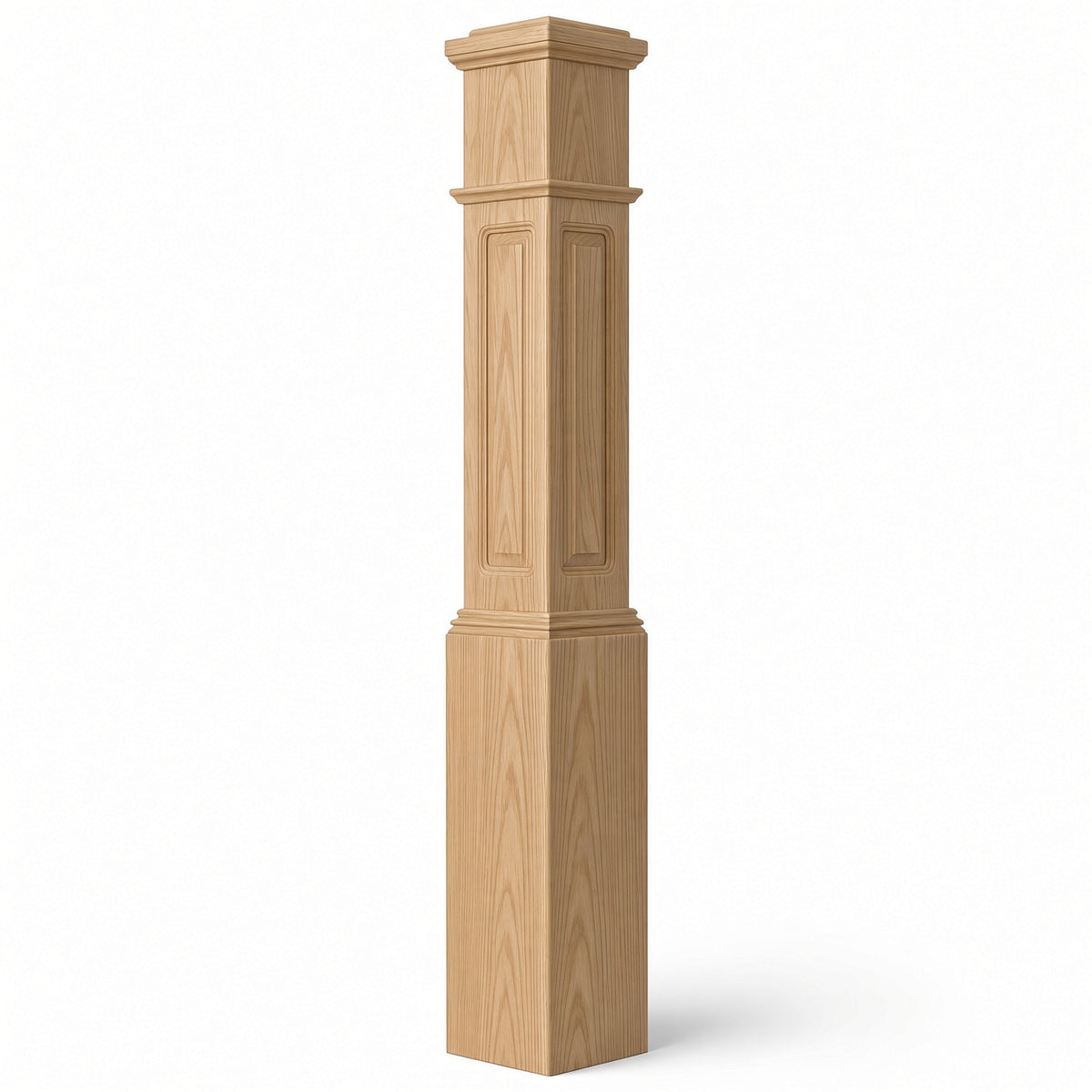 RP-4092 CNC Raised Panel Large Box Newel Post, 7-1/2" Base x 55" Tall, Red Oak