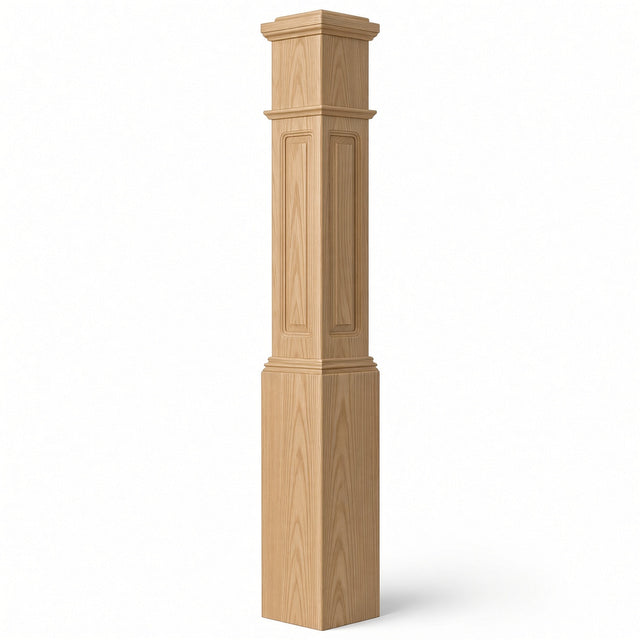 RP-4092 CNC Raised Panel Large Box Newel Post, 7-1/2" Base x 55" Tall, Red Oak