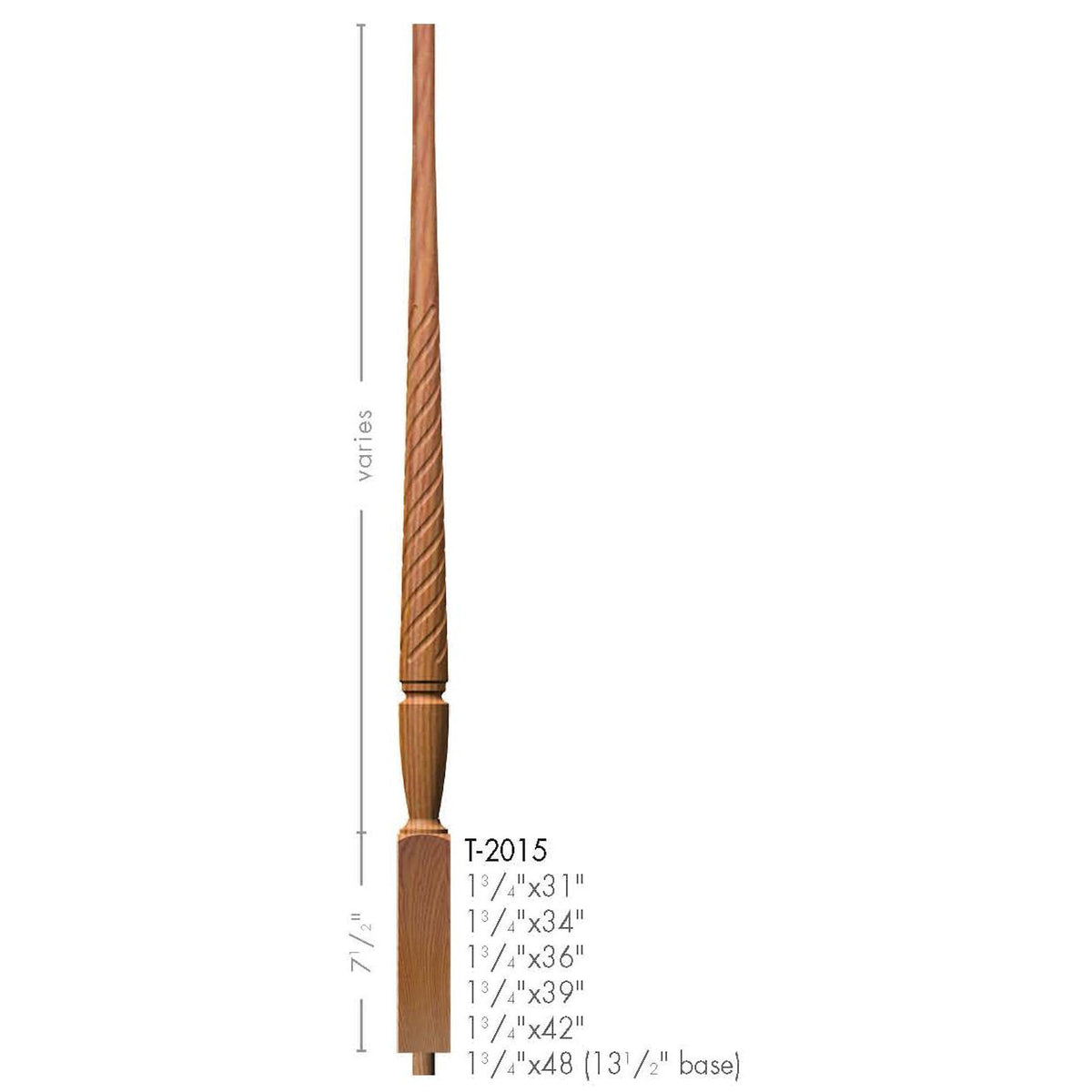T-2015 1-3/4" Twist Bunker Hill Stair Baluster, Available in 31", 34", 36", 39", 42", and 48", Dimensional Information