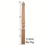 T-3010 (3-1/2" x 43"), or T-3011 (3-1/2" x 48") Twist Pin Top Bunker Hill Starting Newel Post, Dimensional Information