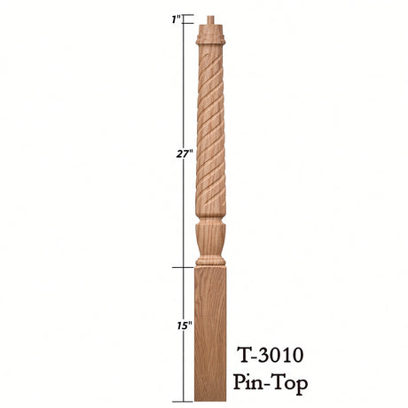 T-3010 (3-1/2" x 43"), or T-3011 (3-1/2" x 48") Twist Pin Top Bunker Hill Starting Newel Post, Dimensional Information