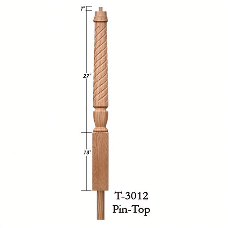 T-3012 3-1/2 x 41" Bunker Hill Volute Newel Post with Adjustable Dowel, Dimensional Information