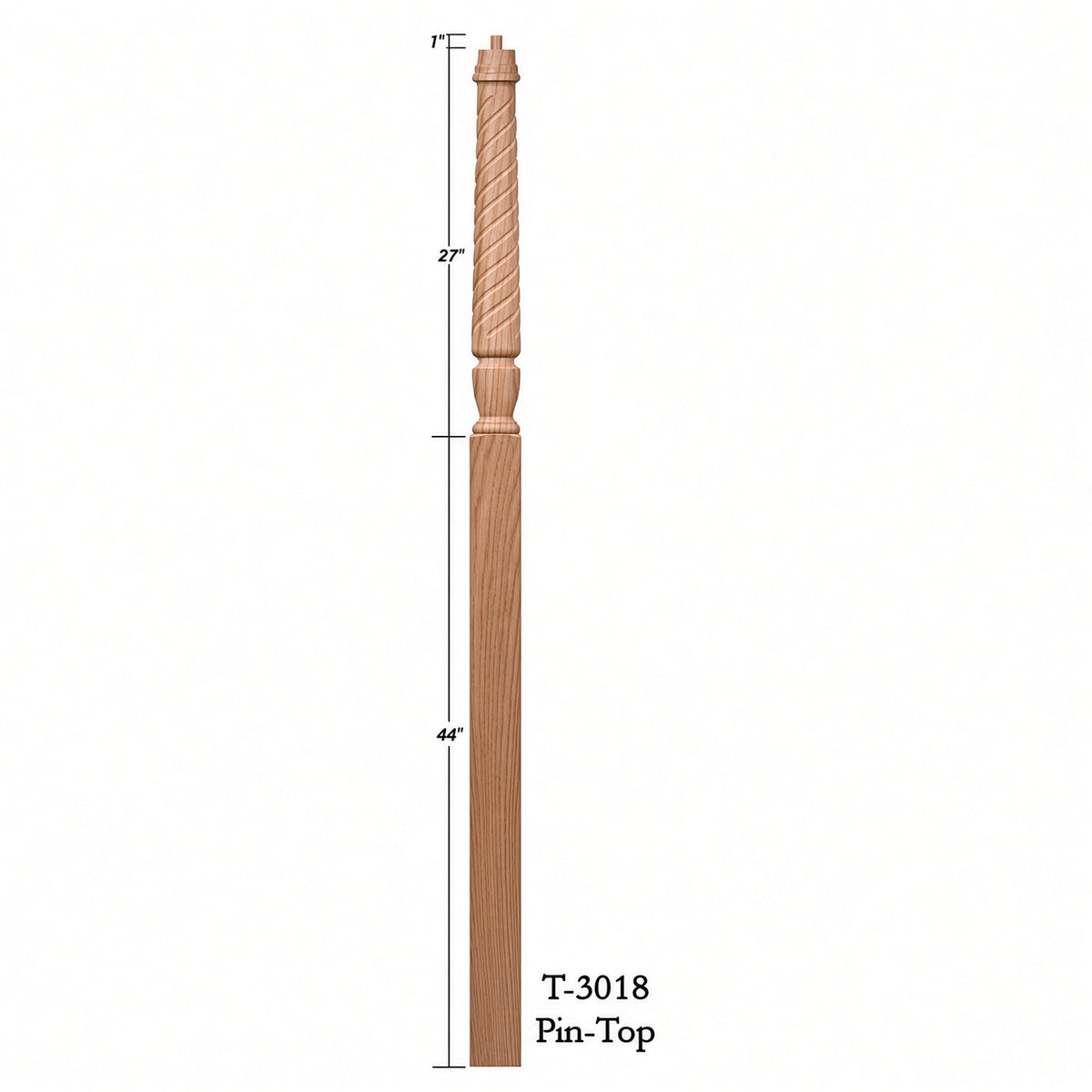 T-3018 3-1/2" x 72" Bunker Hill Pin Top Landing Newel Post, Dimensional Information