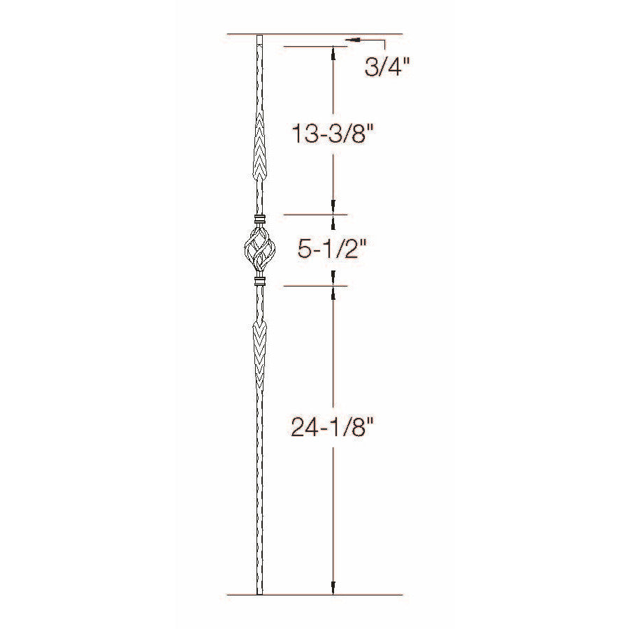 T-23 Split Double Arrows with Basket Edge Hammered Tubular Steel Baluster Dimensional Information
