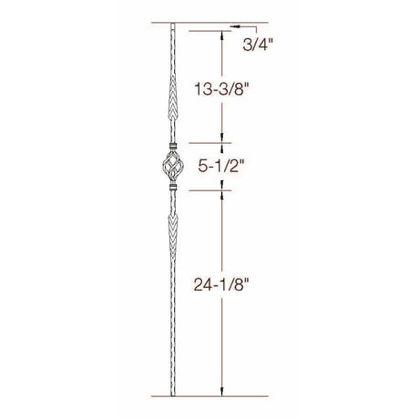 T-23 Split Double Arrows with Basket Edge Hammered Tubular Steel Baluster Dimensional Information