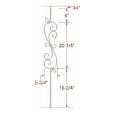 T-36 Edge Hammered S-Scroll Tubular Steel Baluster Dimensional Information