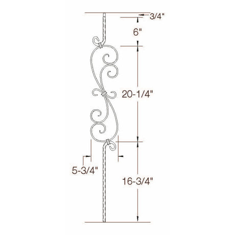 T-36 Edge Hammered S-Scroll Tubular Steel Baluster Dimensional Information