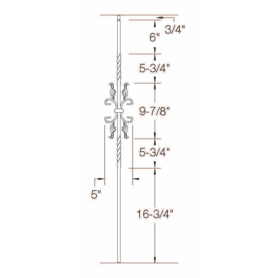 T-55 Two Twists with Leaves Tubular Steel Baluster Dimensional Information